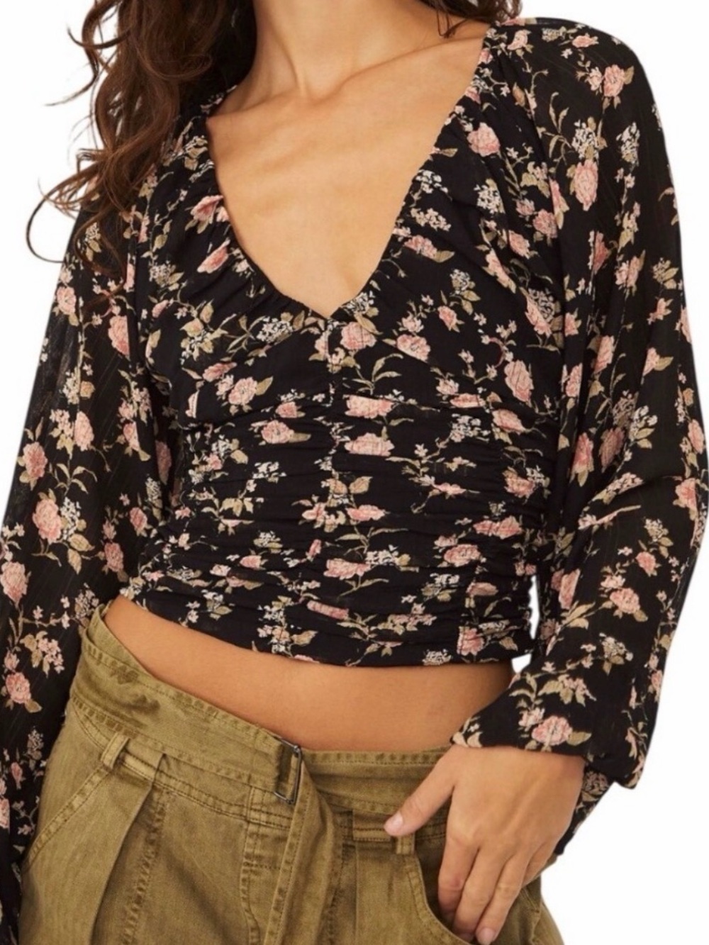 Free People Floral Ruched V-Neck Long Sleeve Top - Black with Pink Floral XL